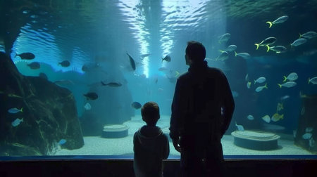 Father and Son Silhouetted In Front of A Majestic Large Salt Water Tank Aquarium - Generative AI.の素材