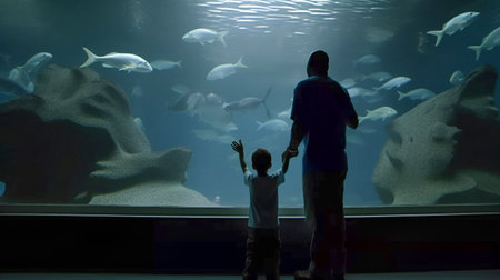 Father and Son Silhouetted In Front of A Majestic Large Salt Water Tank Aquarium - Generative AI.の素材