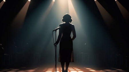 Silhouette of a Female Singer on Stage Next To The Microphone Under The Lights - Generative AI.の素材
