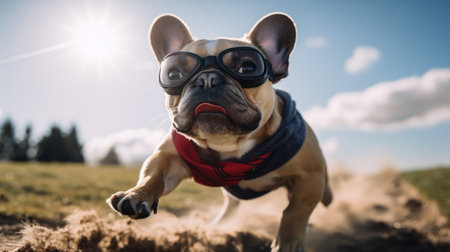 Cute French Bulldog Wearing Pilot Goggles and Scarf Ready for Action - Generative AI.の素材