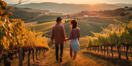 Happy Young Adult Couple Walking Through the Grape Vineyard - Generative AI.の素材