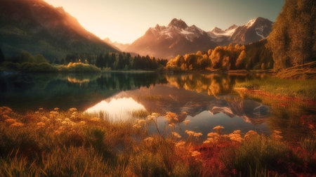 Tranquil Mountain, Lake and Forest Landscape Scenic - Generative AI.の素材