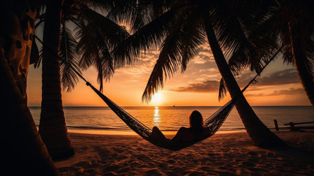 Peaceful Tropical Sunset Scene with Woman Relaxing in a Hammock - Generative AI.の素材