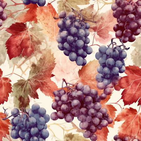 Seamless Tile Illustration of Fresh Grapes on the Vine  - Generative AI.の素材