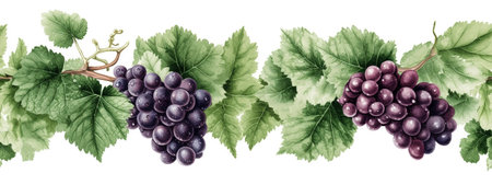 Seamless Tileable Watercolor Row of Fresh Grapes on the Vine on a White Background - Generative AI. Seamlessly expandable on both ends to your desired length.の素材