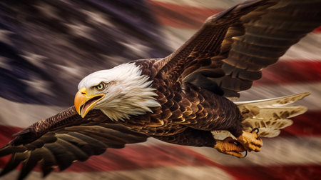 American Bald Eagle In Flight With An American Flag Abstract Background - Generative AI.の素材