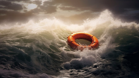 Orange Life Buoy Precariously Floating in Tumultuous Ocean on a Stormy Day - Generative AI.の素材