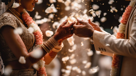 Happy Young Indian Couple Celebrating Their Rituals Of Marriage - Generative AI.の素材