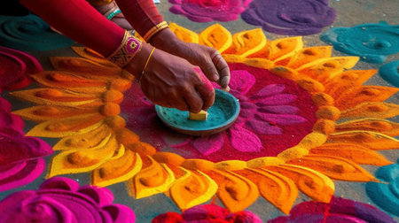 Close-up of the Hands of an Indian Woman Creating a Beautiful Colorful Rangoli Work of Art - Generative AI.の素材