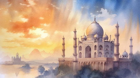 Watercolor Sketch of the Taj Mahal in India - Generative AI.の素材