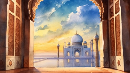 Watercolor Sketch of the Taj Mahal in India - Generative AI.の素材