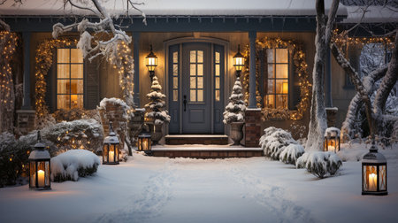Beautiful Christmas Decorated Front Door and Porch of A House on A Winter Evening.の素材