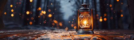 Warm and Inviting Lit Vintage Lantern Resting on Wood Planks Base Outdoors In A Winter Setting.の素材