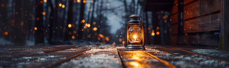 Warm and Inviting Lit Vintage Lantern Resting on Wood Planks Base Outdoors In A Winter Setting.の素材