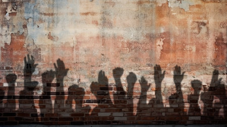 Shadow of the Hands, Arms and Fists of Protestors Against a Grungy Blank Brick Wall Ready for Your Text.の素材