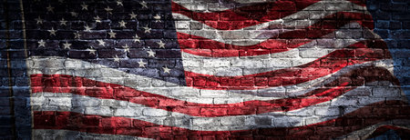 American Flag Over Rough Brick Wall Background Banner.