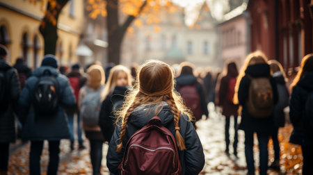 Back view behind children with backpacks walking to school on a fall morning - Generative AI.の素材