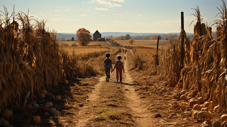 Children walking down the country dirt road amidst the corn fields on a fall day - Generative AI.の素材