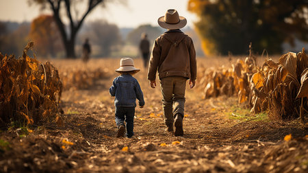Farmer father and young son walking amidst the crops in the fall - Generative AI.の素材
