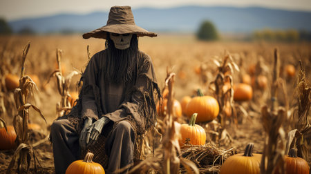 Scary ghostly Halloween scarecrow figure sitting amongst the country pumpkin patch - generative AI.の素材