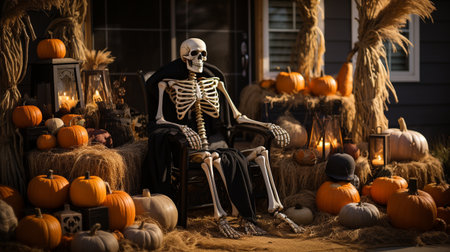 Decorated Halloween porch with pumpkins, hay bails and eerie skeleton - generative AI.の素材