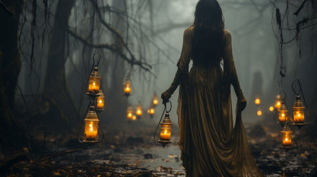 Mysterious female ghost figure walking amongst Spanish moss, forest and candlelit lanterns on Halloween night - generative AI.の素材