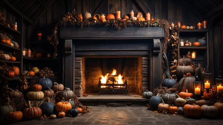 Fall and Halloween decorated cozy fireplace interior setting - generative AI.の素材