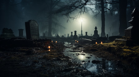 Foggy eerie haunted cemetery on Halloween night - generative AI.の素材