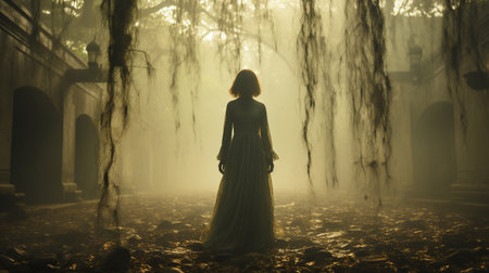Ghostly female figure silhouette standing or walking amidst the spooky Halloween fog outside - generative AI.の素材