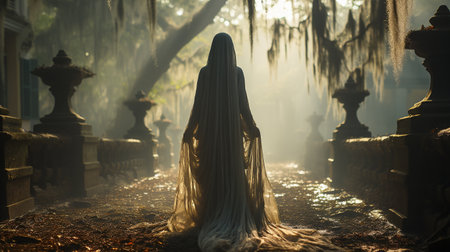 Ghostly female figure silhouette standing or walking amidst the spooky Halloween fog outside - generative AI.の素材