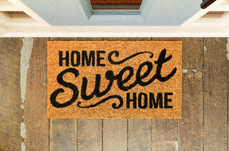 Home Sweet Home doormat on the porch at the front door.の写真素材