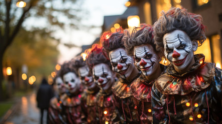 Several teenagers dressed up as clowns for Halloween walking down the sidewalk together - generative AI.の素材