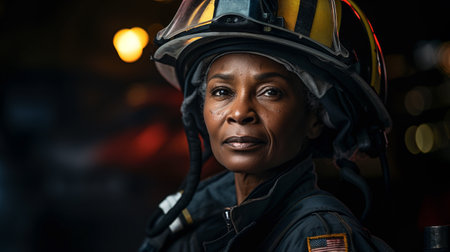 Middle-aged female African American firefighter chief at a fire incident - generative AI.の素材