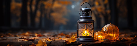 Warm and inviting lit vintage lantern resting on wood planks base outdoors in a fall setting - generative AI.の素材