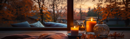 Candles resting on window sill with a fall mountain country view banner - generative AI.の素材