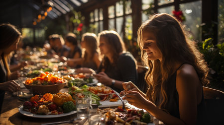 Family and friends enjoying a Thanksgiving meal together - generative AI.の素材