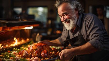 Happy middle-aged man wearing an apron presenting the Thanksgiving turkey and seasonal meal he prepared - generative AI.の素材