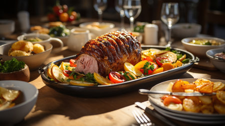 The seasonal ham at the table with all the fixings - generative AI.の素材