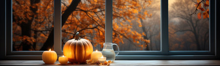 Small pumpkin, candles and fall foliage resting on window sill with a country view banner - generative AI.の素材