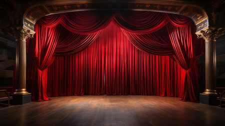 Dramatically Lit Lustrous Red Velvet Theatre Curtains and Wooden Stage Floor. Generative AI.の素材