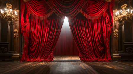 Dramatically Lit Lustrous Red Velvet Theatre Curtains and Wooden Stage Floor. Generative AI.の素材