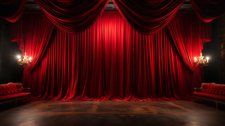 Dramatically Lit Lustrous Red Velvet Theatre Curtains and Wooden Stage Floor. Generative AI.の素材