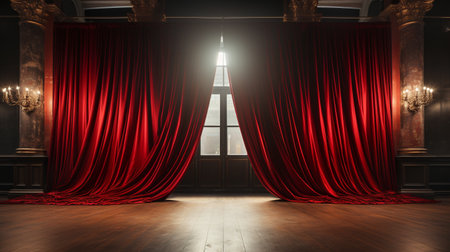 Dramatically Lit Lustrous Red Velvet Theatre Curtains and Wooden Stage Floor. Generative AI.の素材