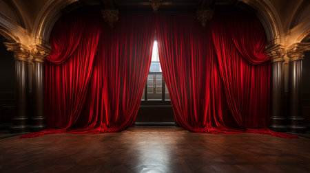 Dramatically Lit Lustrous Red Velvet Theatre Curtains and Wooden Stage Floor. Generative AI.の素材
