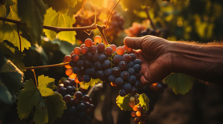 Hands of a Weathered Vintner Inspects His Wine Grape Harvest in the Vineyard. Generative AI.の素材