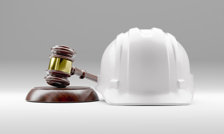 White Hard Hat and Gavel on a Gradated Background.の写真素材