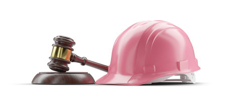 Pink Hard Hat and Gavel Isolated on a White Background.の写真素材