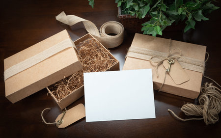 Gift Packaging Boxes Mock Up with Jute String, Blank Card and Tags with Small Key on Wood Surface...