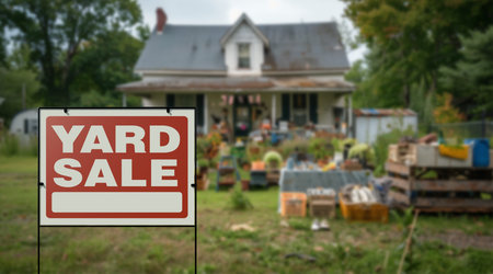 Yard Sale Lawn Sign In Front of House with Items Laid Out For Sale on Front Lawn.