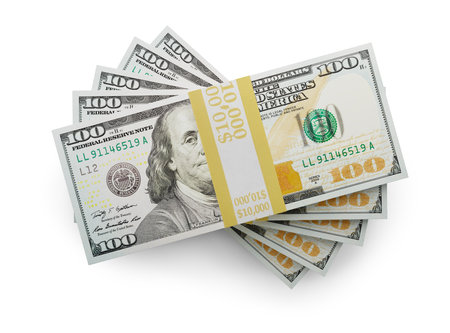 Fifty Thousand Dollars Stack of One Hundred Dollar Bills Isolated on a White Background.の写真素材
